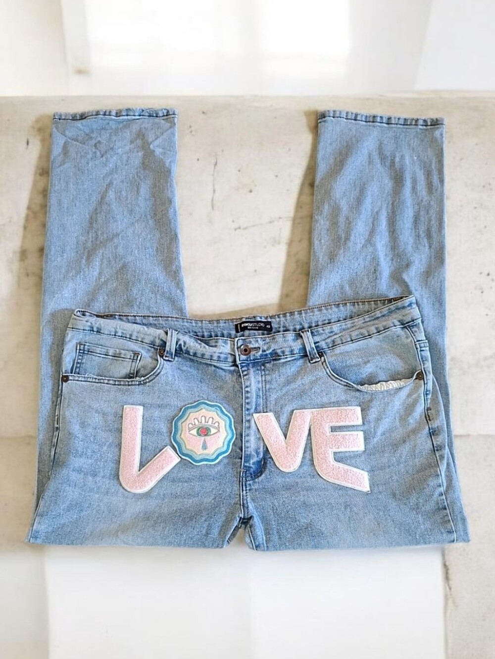 Studio Light Blue Boyfriend Jeans with Pink 'LOVE' Patch